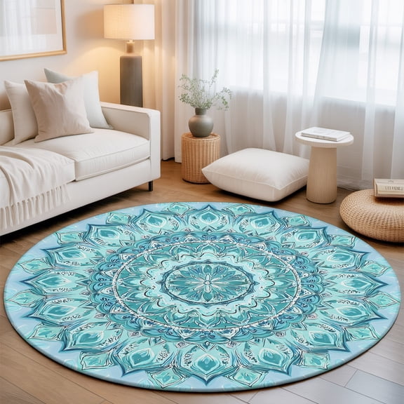 Bohemian Blooming Flower Washable Round Area Rug 8 ft, Teal Green Floral Texture, Soft Non Slip Rugs Stain Repellent Indoor Felt Carpet for Living Dining Room Bedroom Home Office