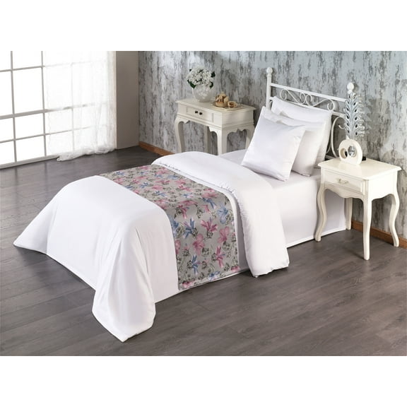 Bohemian Blooms Bed Runner, Romantic Aura Pattern of Floral Boho with Neutral Leaves Print, Decorative Accent Bedding Scarf for Hotels Homes & Guest Rooms, Twin, Pale Pink Lavender Blue, by Ambesonne