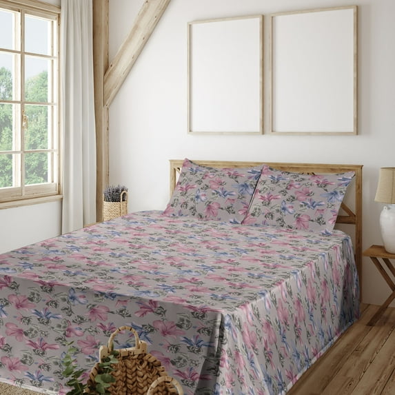 Bohemian Blooms Sheet Set, Romantic Aura Pattern of Floral Boho with Neutral Leaves Print, Fitted & Flat Sheet with Pillowcase Bedding Accent 3 Pcs Set, Twin, Pale Pink Lavender Blue, by Ambesonne