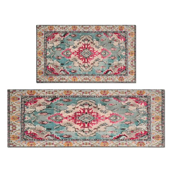 Bohemian Blue Ethnic Rug Kitchen Rugs and Mats Sets Of 2,Kitchen Decoration Rugs,Rubber Backing Non-Slip Floor Mat for Sink Washable Waterproof Laundry Room Runner Rugs