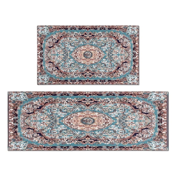 Bohemian Blue Floral Patterned Carpet Kitchen Rugs and Mats Sets Of 2,Kitchen Decoration Rugs,Rubber Backing Non-Slip Floor Mat for Sink Washable Waterproof Laundry Room Runner Rugs
