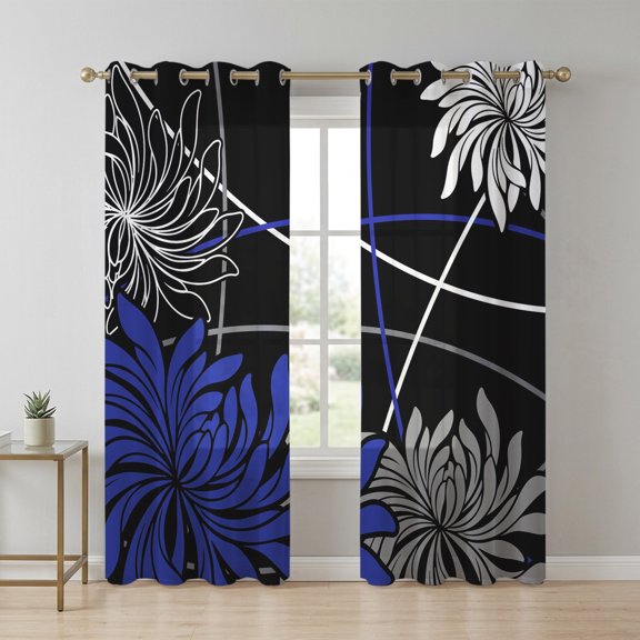Bohemian Blue Floral Sheer Curtains 72 Inch Long 2 Panels, Modern Artistic Grey White Flowers Curved Lines Light Filtering Semi Sheer Drapes Grommet Voile Window Curtain for Living Bedroom W52 x L72