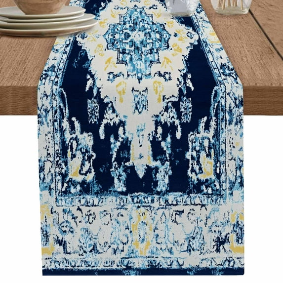 Bohemian Blue Flower Texture Table Runner-36 Inch Long Abstract Vintage Tribal Table Runners Linen Burlap Tablerunner for Kitchen Dining Room Holiday Party