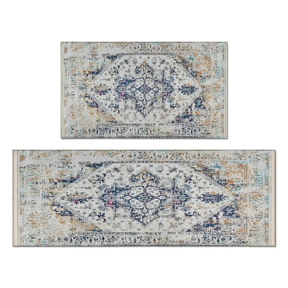 Bohemian Blue National Design Carpet Kitchen Rugs and Mats Sets Of 2,Kitchen Decoration Rugs,Rubber Backing Non-Slip Floor Mat for Sink Washable Waterproof Laundry Room Runner Rugs