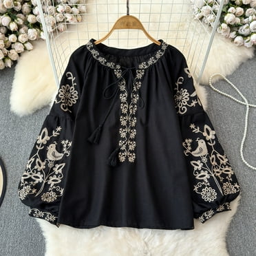 Bohemian Blusa Feminina O Neck Embroidery Loose Camisas De Mujer Ethnic Style Spring Lace-up Blouse Women Retro Dropshipping