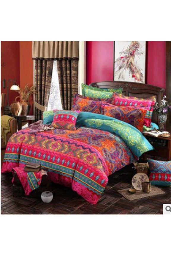 Bohemian 3-Pieces Multicolored Red Striped Ethnic Mandala Duvet Bedding Sets, King