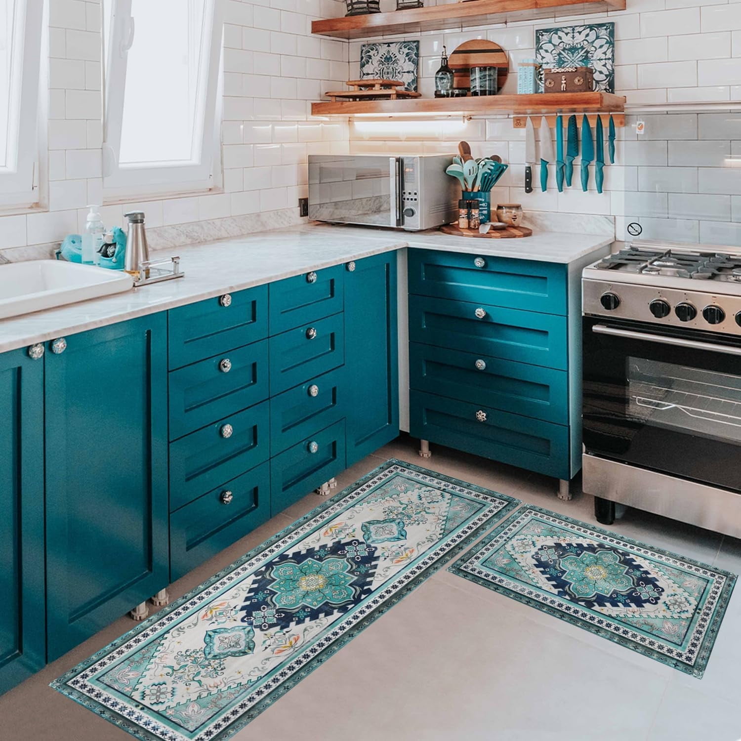 Bohemian Boho Kitchen Mats for Floor, Green Blue Teal Turquoise Persian ...