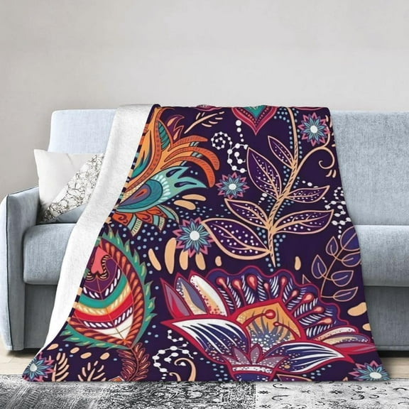 Bohemian Boho Paisley Flowers Fleece Blanket Comfort Warmth Soft Cozy Easy Care Bed Throw Blanket for Living Room/Bedroom All Season,Gift,60"x50"