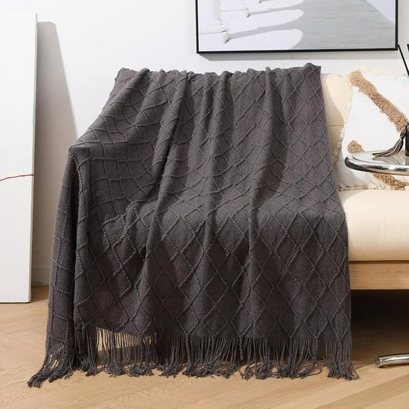 Bohemian Boho Throw Blankets, Knitted with Tassel, Outdoor Reversible Soft Cozy Lightweight Throw Blankets, Couch Bed Sofa Decorative Dark Gray-50*70in