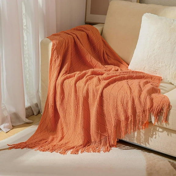 Bohemian Boho Throw Blankets, Knitted with Tassel, Outdoor Reversible Soft Cozy Lightweight Throw Blankets, Couch Bed Sofa Decorative Orange-60*90in