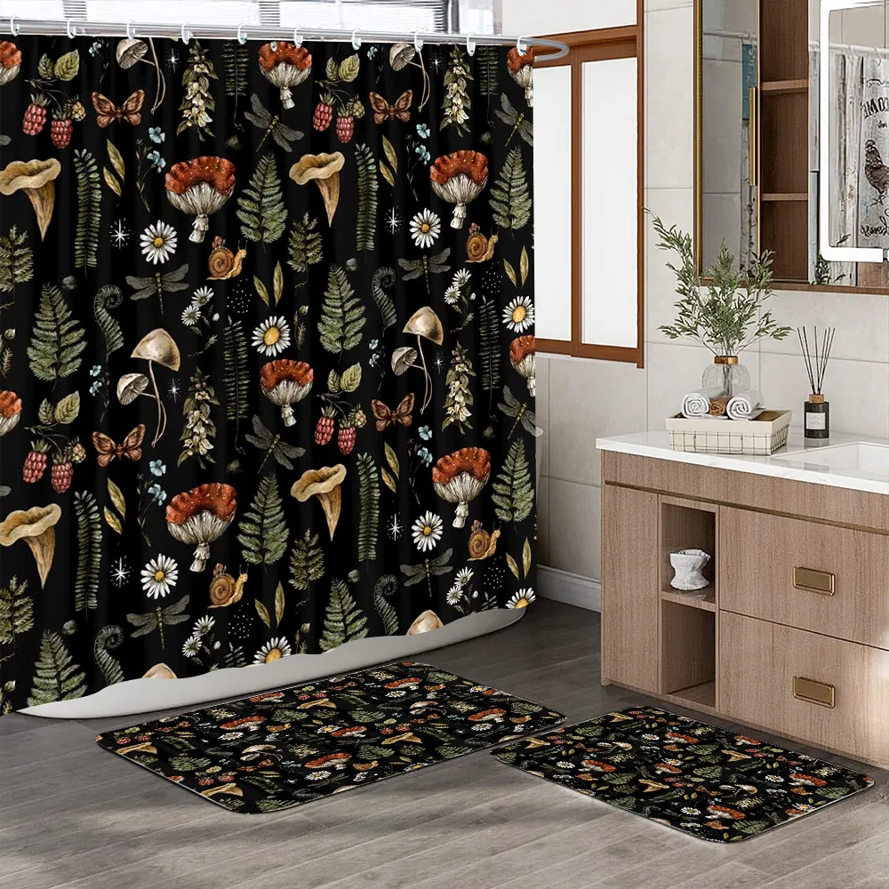Curtain Rug Bohemian Botanical Floral Shower Curtain Rug Set Black and Gold Vintage ...