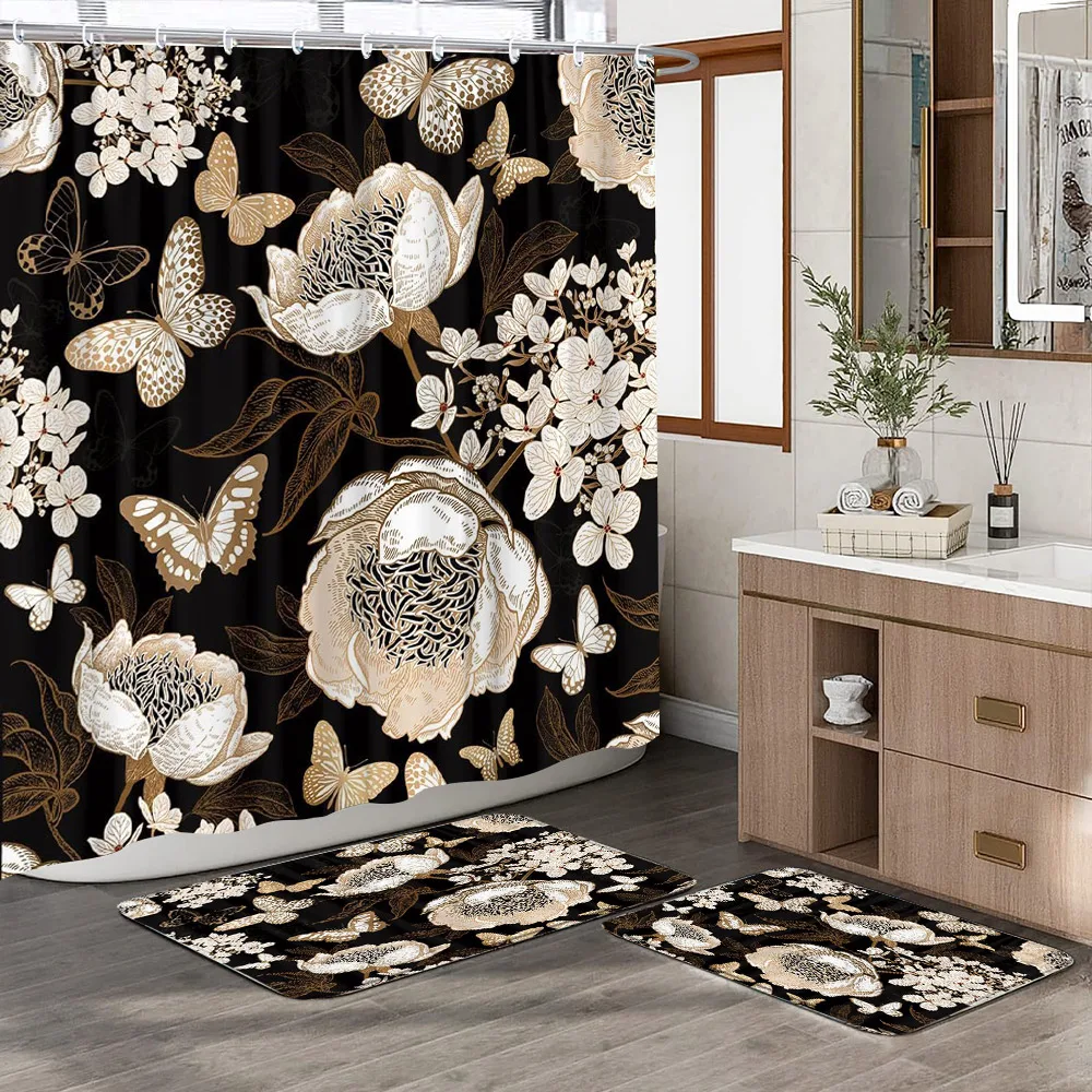 Curtain Rug Bohemian Botanical Floral Shower Curtain Rug Set Black and Gold Vintage ...