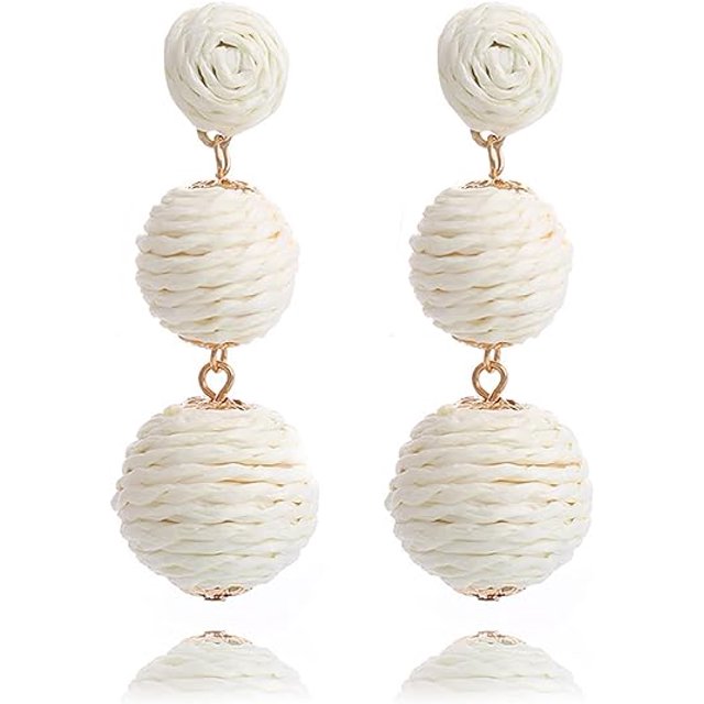 Bohemian Braided Rattan Grass Wicker Raffia Ball Drop Earrings Vintage