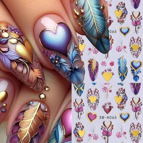 Bohemian Bronze Feather Rose Heart Nail Stickers 3 Sheets Glossy Decals