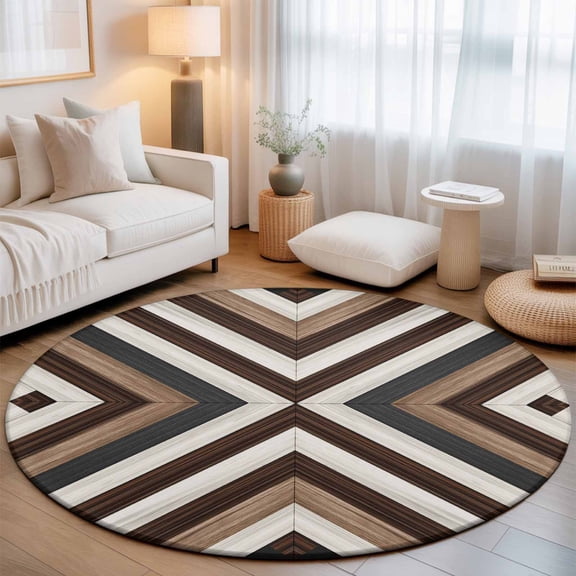Bohemian Brown Beige Aztec Texture Round Rug 5ft Western Native Tribal Washable Area Rugs for Living Room Bedroom Entryway Non Slip Entrance Door Mat Indoor Floor Carpet