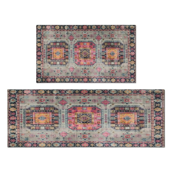 Bohemian Brown Ethnic Design Rug Kitchen Rugs and Mats Sets Of 2,Kitchen Decoration Rugs,Rubber Backing Non-Slip Floor Mat for Sink Washable Waterproof Laundry Room Runner Rugs