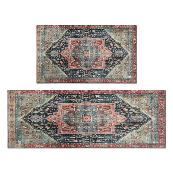 Bohemian Brown Ethnic Rug Kitchen Rugs and Mats Sets Of 2,Kitchen Decoration Rugs,Rubber Backing Non-Slip Floor Mat for Sink Washable Waterproof Laundry Room Runner Rugs