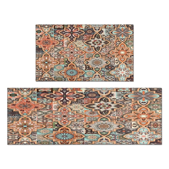 Bohemian Brown Geometry Rugs and Mats Non Skid Washable Absorbent Microfiber Soft Kitchen Mat for Floor Set Of 2 Decor Stain Resistant 17"x47"+17"x30"