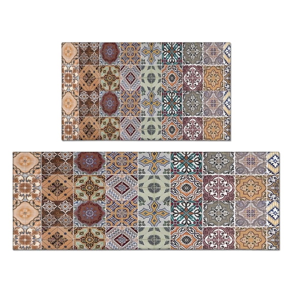 Bohemian Brown Geometry Rugs and Mats Non Skid Washable Absorbent Microfiber Soft Kitchen Mat for Floor Set Of 2 Decor Stain Resistant 17"x47"+17"x30"