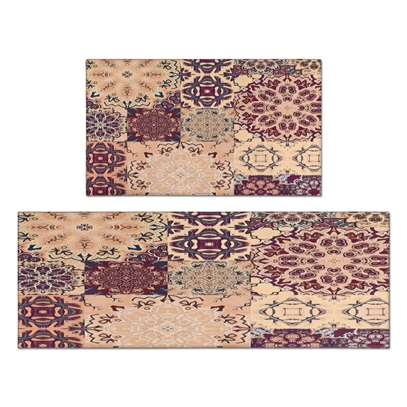 Bohemian Brown Geometry Rugs and Mats Non Skid Washable Absorbent Microfiber Soft Kitchen Mat for Floor Set Of 2 Decor Stain Resistant 17"x47"+17"x30"