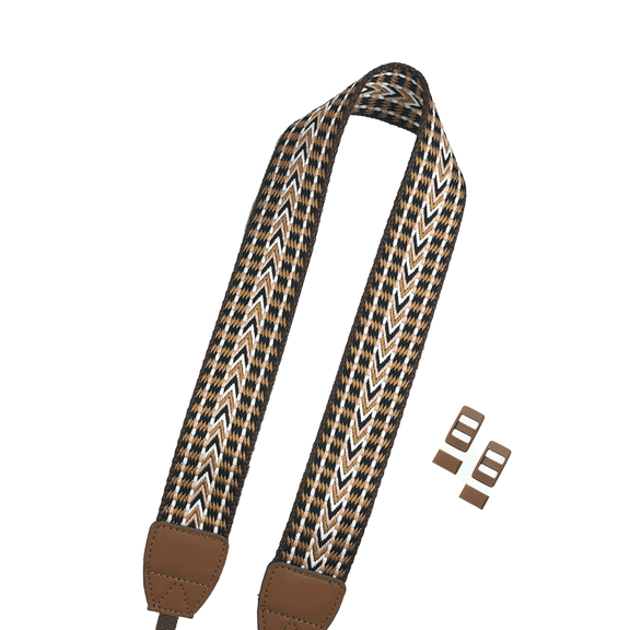 Bohemian Brown Pattern Camera Strap Woven Polyester Neck & Shoulder Strap with Leather Ends, 52.81.5 in Adjustable Vintage Camera Strap with Mounting Buckles
