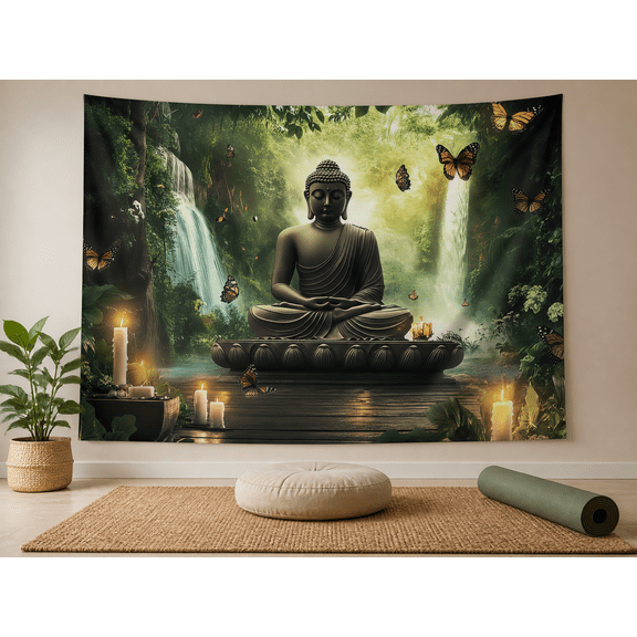 Bohemian Buddha Forest Waterfall Tapestry Backdrop
