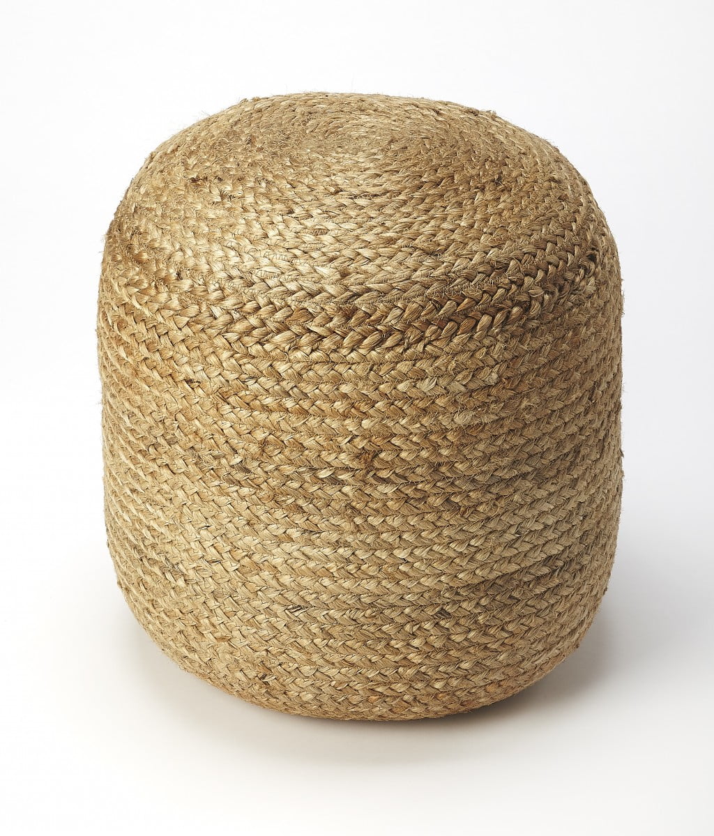 Bohemian Braided Jute Round Pouf Ottoman in Natural Beige