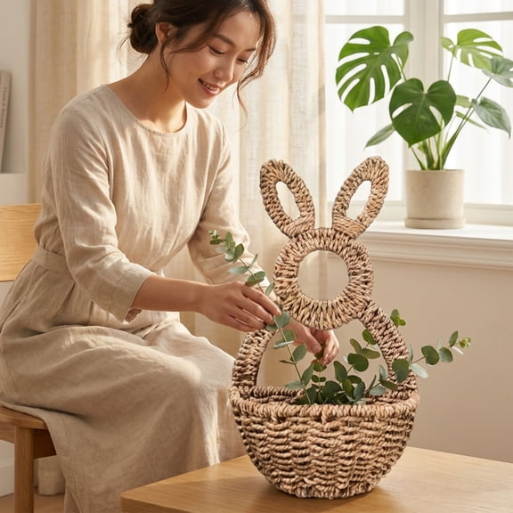 Bohemian Bunny Hanging Basket - Hand-Woven Wicker Wall Basket, Boho Easter & Spring Home Decor