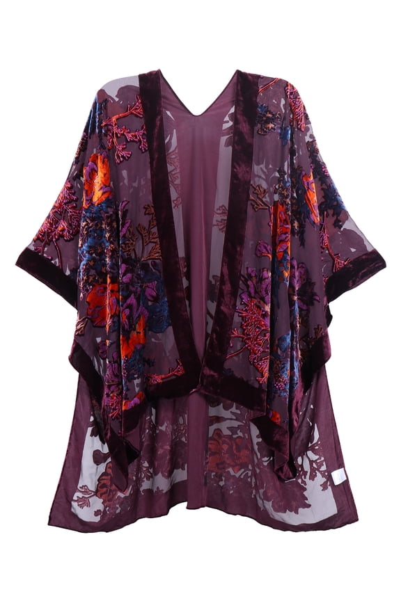 -Women's Coverups Burnt-out Velvet Cardigan Casual Outfit Long Cover Up Velvet Kimono(JYPF-34)