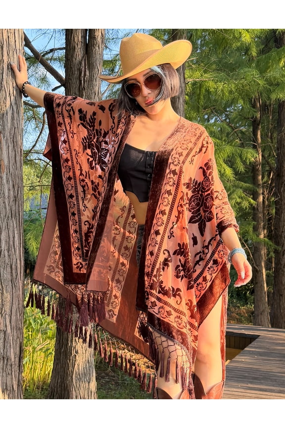 -Bohemian Burnt Plush Velvet Kimono Women's long Tassel Beach Cover-up Holiday Casual Cardigan Shawl (Choc Straw)