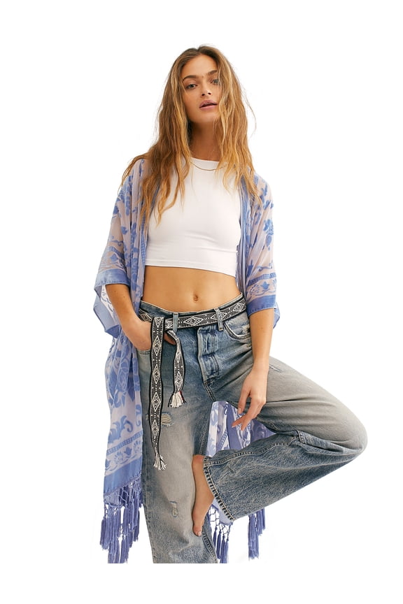 -Bohemian Burnt Plush Velvet Kimono Women's long Tassel Beach Cover-up Holiday Casual Cardigan Shawl (Light Blue)