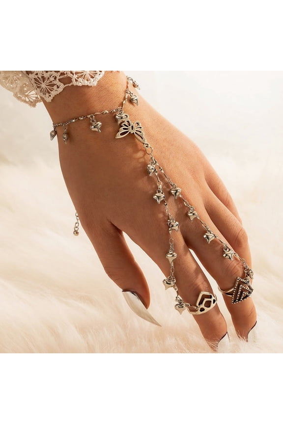 Womens Bohemian Bracelet Finger Set Heart Shape Alloy Metal Design Butterfly Tassel Jewelry and Geometric Pattern