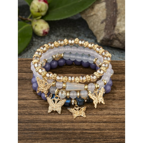 Bohemian Butterfly Crystal Stone Stretch Pendant Bracelets for Women Gold Beaded Stackable Stretch Bracelet Colorful Charm Jewelry Boho Summer Beach 7"