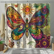 Bohemian Butterfly Sun Mandala Shower Curtain Vibrant Hippie Bathroom Decor with Boho Accessories Funky Design for a Groovy Vibe