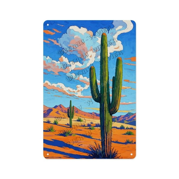 Bohemian Cactus Blue Sky Tin Sign 8x12 Inch Vintage Aluminum Wall Decor Desert Plant Scene for Porch, Greenhouse, Sunroom Ideal Gift for Boho Nature Lovers