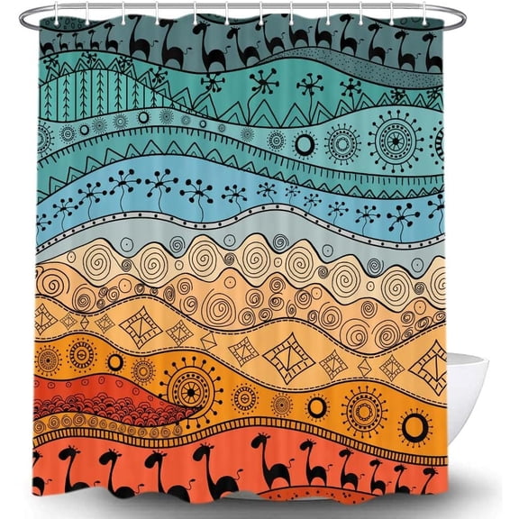 Bohemian Camels Shower Curtain, South Asian Decor Ethnic Tribal Design Bathroom Accessory Sets, Waterproof Machine Washable Fabric with 12 Hooks, Blue Green Orange