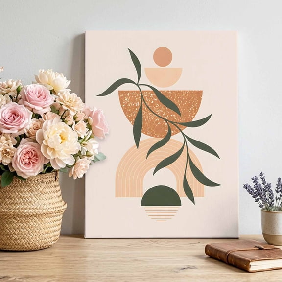 Bohemian Canvas Wall Art Framed Wall Decor for Living Room Bedroom Bathroom, Abstract Green Leaf Beige Geometric Modern Art Canvas Pictures Ready to Hang Decor, 16"x20"