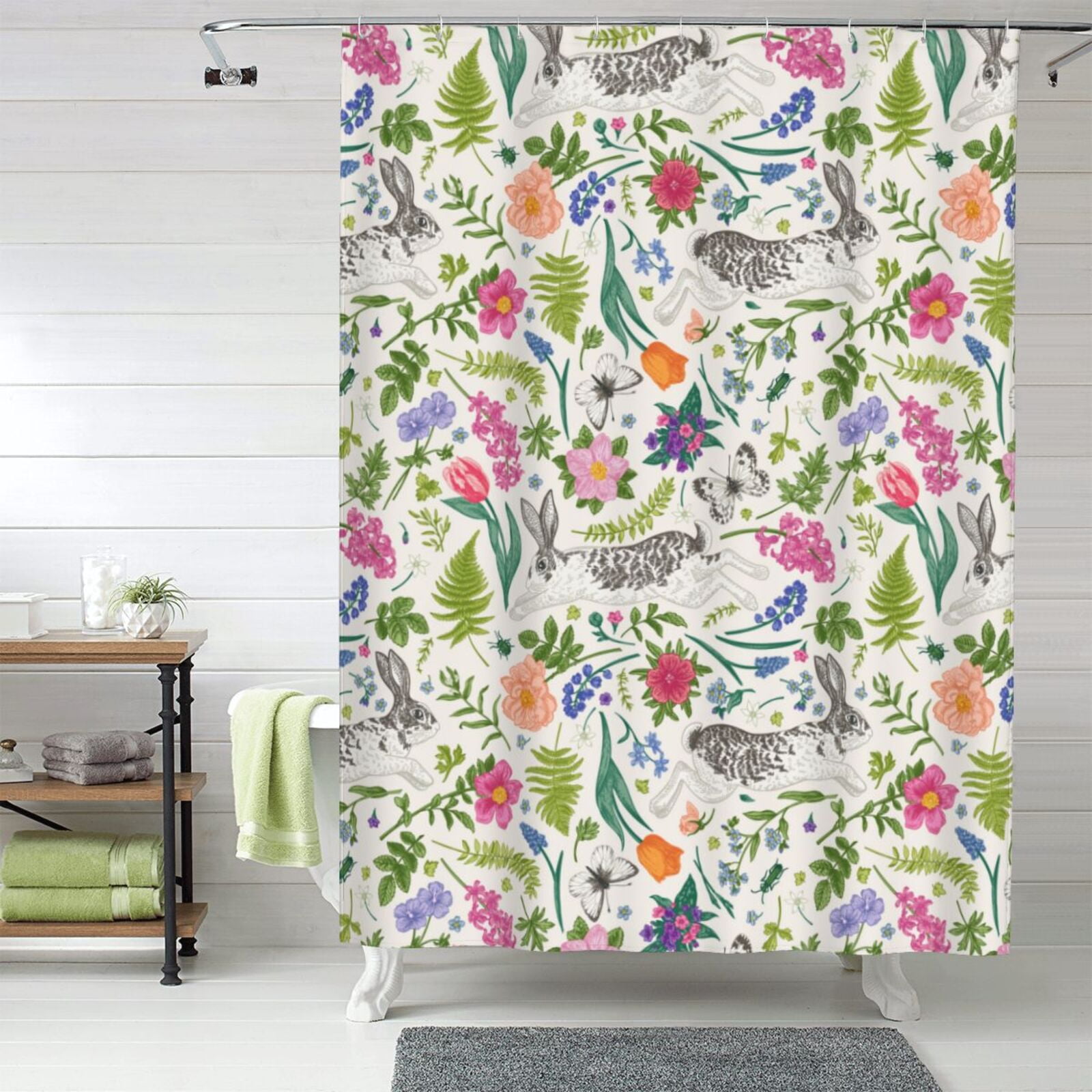 Bohemian Cartoon Rabbit Flower Shower Curtain Fabric Shower Curtains
