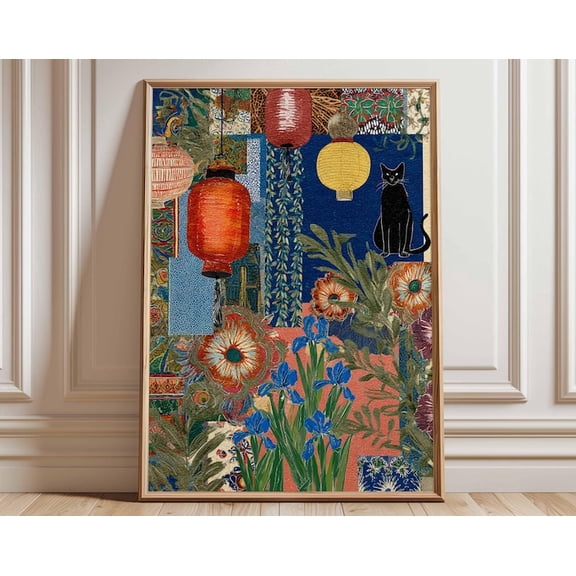 Bohemian Cat Moroccan Lantern Floral Wall Art Print, Unframed Paper Poster 8x10in
