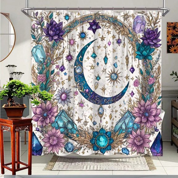 Bohemian Celestial Moon Floral Shower Curtain with Gemstone Stones Vintage Bathroom Shower Curtains with Grommets Hook Waterproof Bathroom Curtain Decor 72x72inch