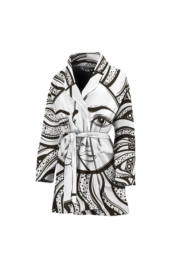 Bohemian Celestial Sun And Moon Women Bathrobe One Size Univeral Fits, Bohemian Mandala Yoga Boho Fashion Lightweight Plush Fleece Long Robe For Women