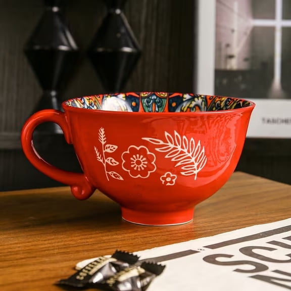 Bohemian Ceramic Breakfast Cups - Large Capacity Oatmeal and Coffee Mugs, Microwave Safe, Durable Design