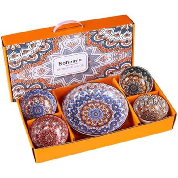 Bohemian Ceramic Dinnerware Set 4 Soup Bowls 2 Plates Dishwasher and Microwave Safe Ideal for Salad Pasta Rice Oatmeal and Fruits Perfect Kitchen Essentials Bohemian Style Dinnerware