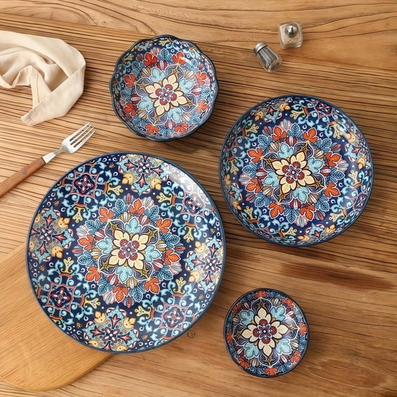 Bohemian Ceramic Dishes Dinnerware Set 4-Piece, Floral Mandala Pattern Plates & Bowls Collection, Microwave Dishwasher Safe, Blue Multi-Color Design for Kitchen Dining