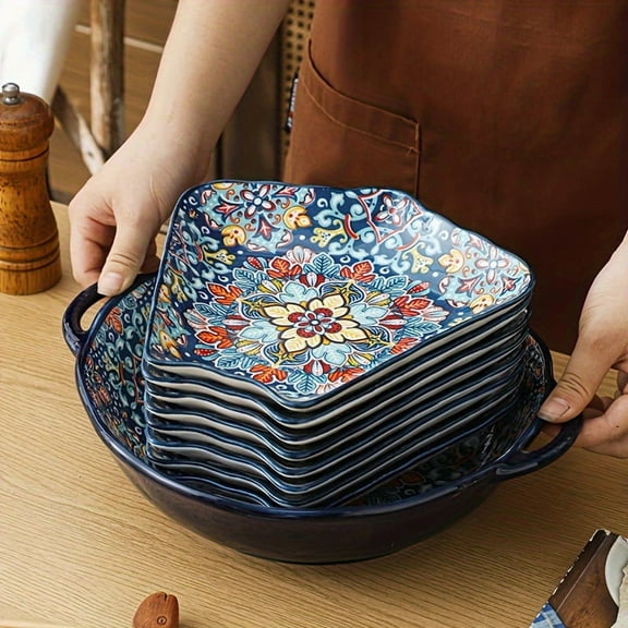 [Bohemian Ceramic Plates] 9pc Ceramic Household Dish Plates Set - Chinese New Year Round Table Dinner Plate Bohemian Reunion  Tableware Set Baroque