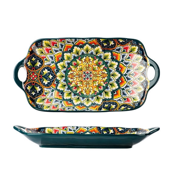 Bohemian Ceramic Rectangular Serving Platter - 12.6inch Large Capacity Dinner Plate with Double Handles