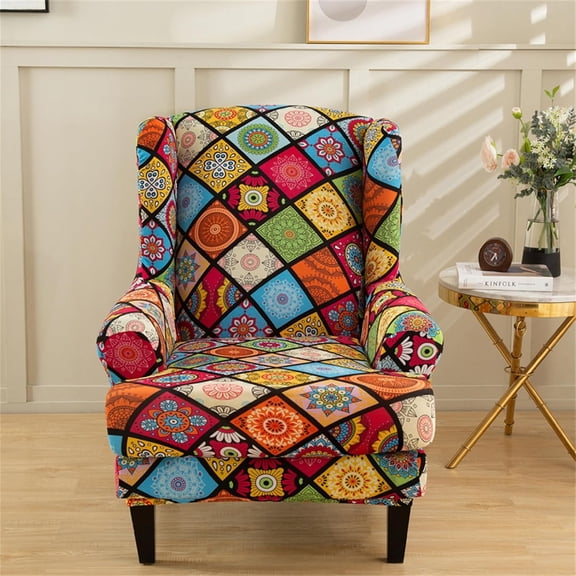 Bohemian Chair Covers Wingback Chair Slipcover 2-Piece Stretch Wing Chair Slipcovers Wingback Armchair Covers Slipcovers for Wingback Chairs with Elastic Bottom Wing Chair Covers for Living Room
