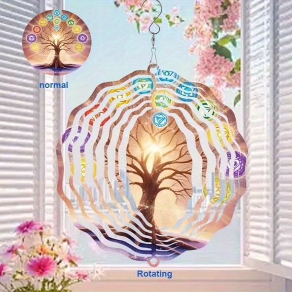 Bohemian Chakra Tree Wind Spinner - Metal Wind Chime with Stained Glass, Colorful Garden Decor for Patio, Yard, Indoor/Outdoor, Weatherproof & Rust-ResistantI for ChristmasEaster Gifts Wind Chime