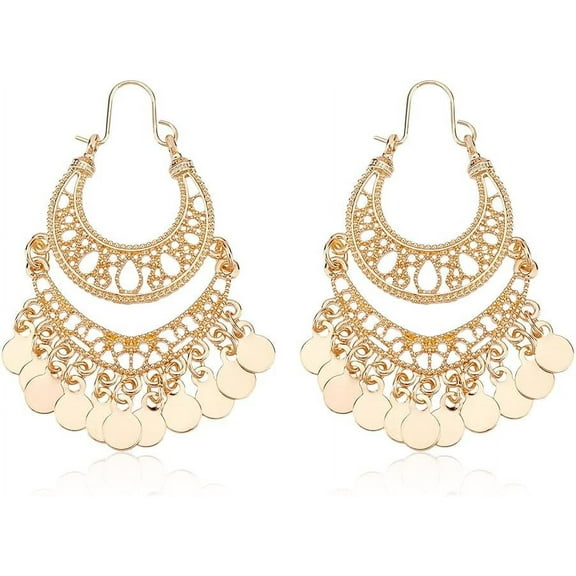 Bohemian Chandelier Drop Dangle Earrings Disc Dangle Hoop Earrings Gold Alloy Filigree Earrings Vintage Gypsy Boho Chandelier Earrings Chandelier Statement Earrings for Women with Box