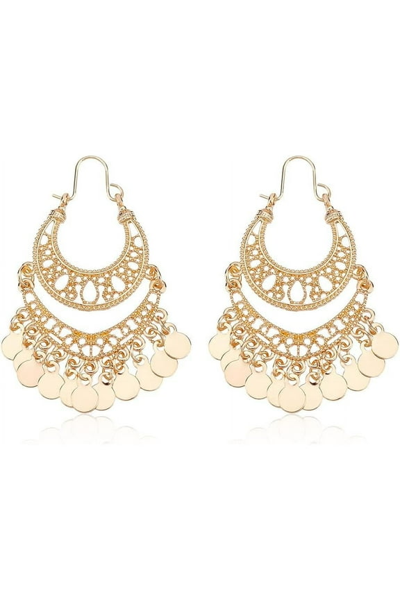 Bohemian Chandelier Drop Dangle Earrings Disc Dangle Hoop Earrings Gold Alloy Filigree Earrings Vintage Gypsy Boho Chandelier Earrings Chandelier Statement Earrings for Women with Box